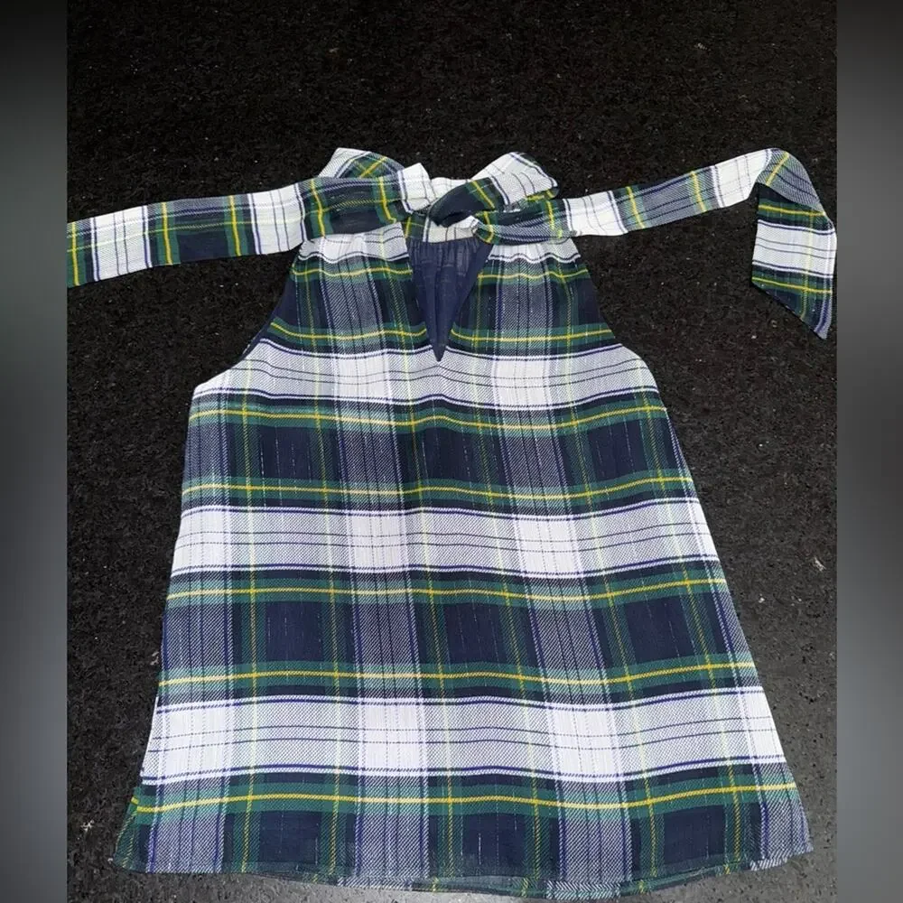 UEC J. CREW Highland Tartan Tie-Neck Halter Top Blouse SZ 10